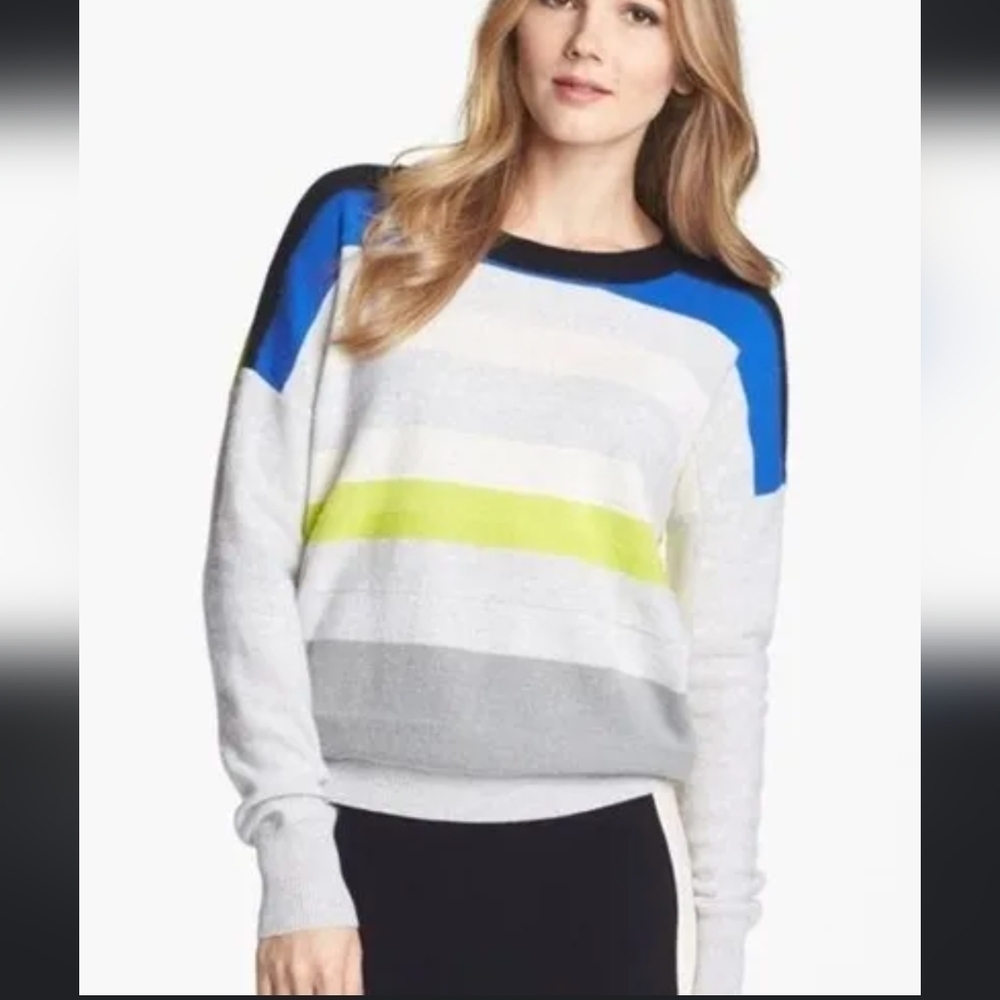 Diane Von Furstenberg DVF Striped Cashmere Sweater with lime yellow S Grey
